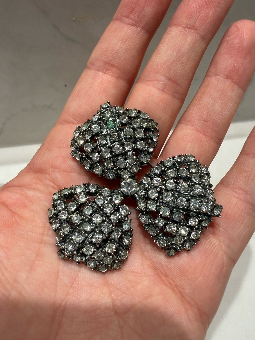 Vintage 1950s Large Rhinestone Shamrock Clover Brooch with one green rhinestone